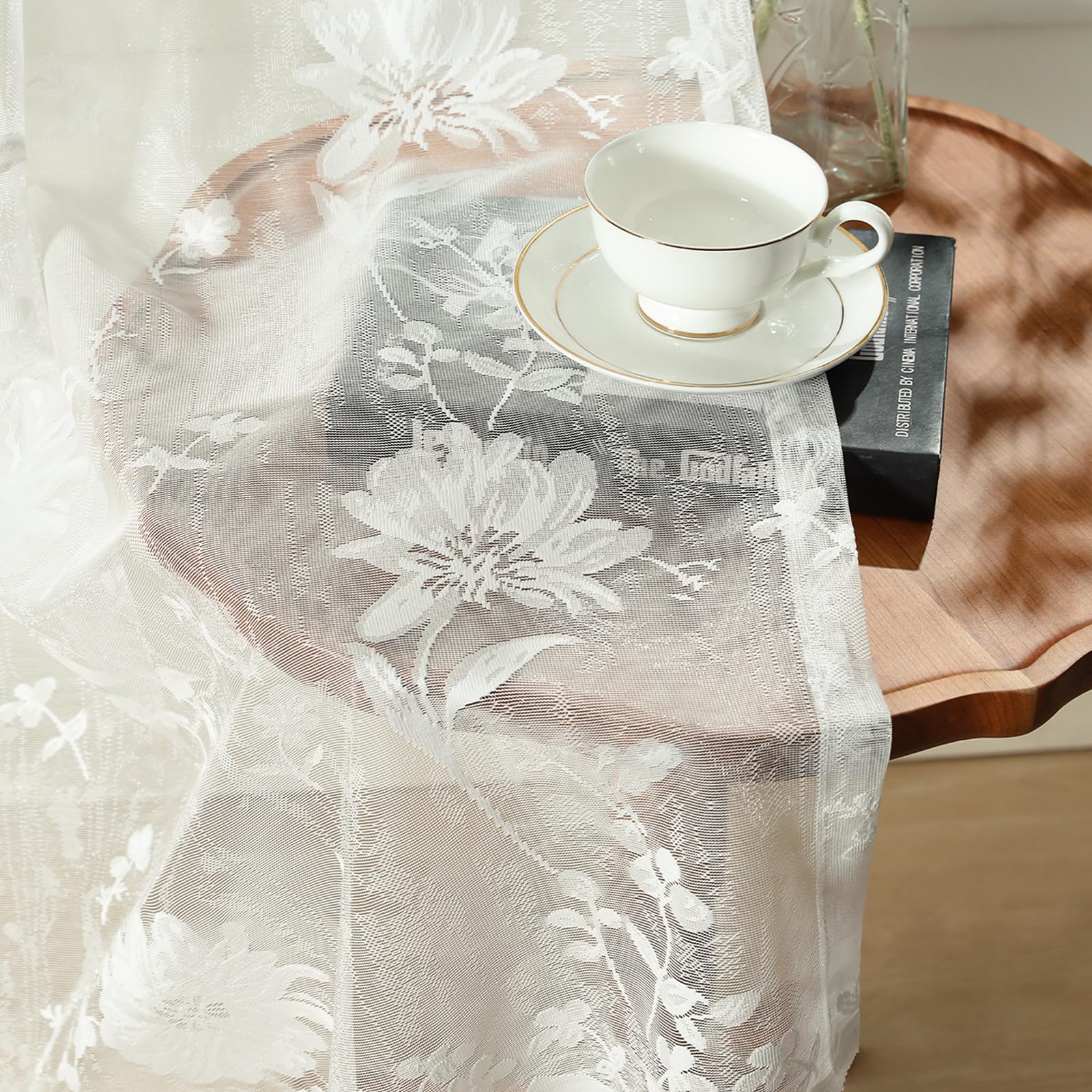 VOGOL Floral Sheer Net Curtains, 96" Voile Drapes, 132×245 cm, 2 Panels
