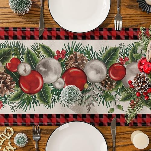 Miniatura 5 de Siilues Camino de mesa de Navidad decoración de bola de Navidad a cuadros camino de Navidad para mesa decoración de invierno para interiores y