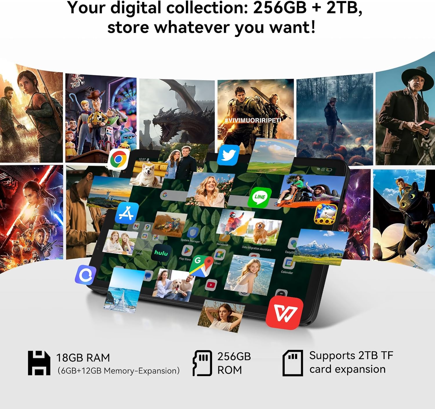 കറുപ്പ്view ZENO 1 tablet displaying various app icons, highlighting its 18GB RAM (6GB + 12GB expansion) and 256GB ROM, expandable up to 2TB with a TF card.