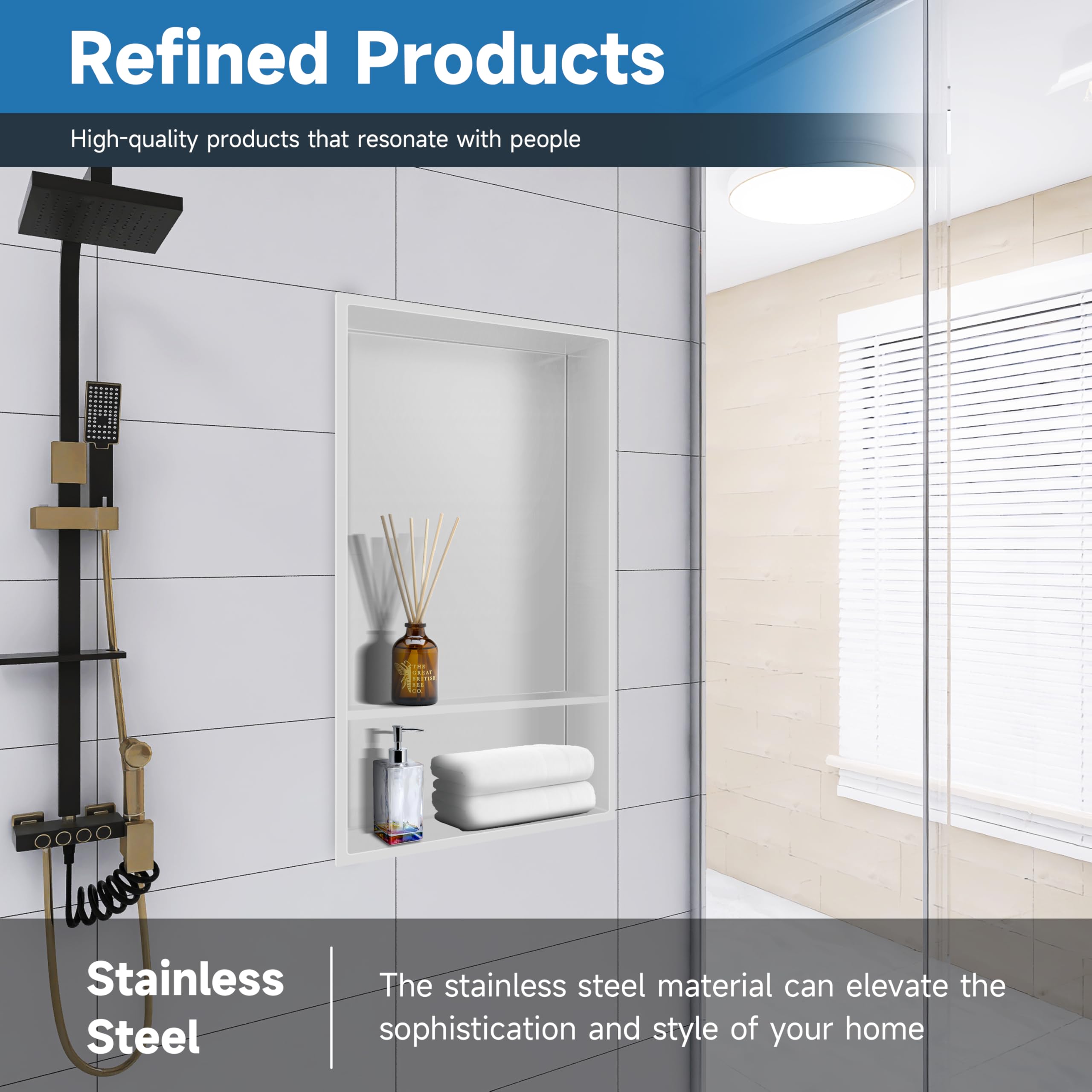 12x25 Inch Stainless Steel Shower Niche - 2-Tier Recessed Shelf, No Tile Needed, White Finish