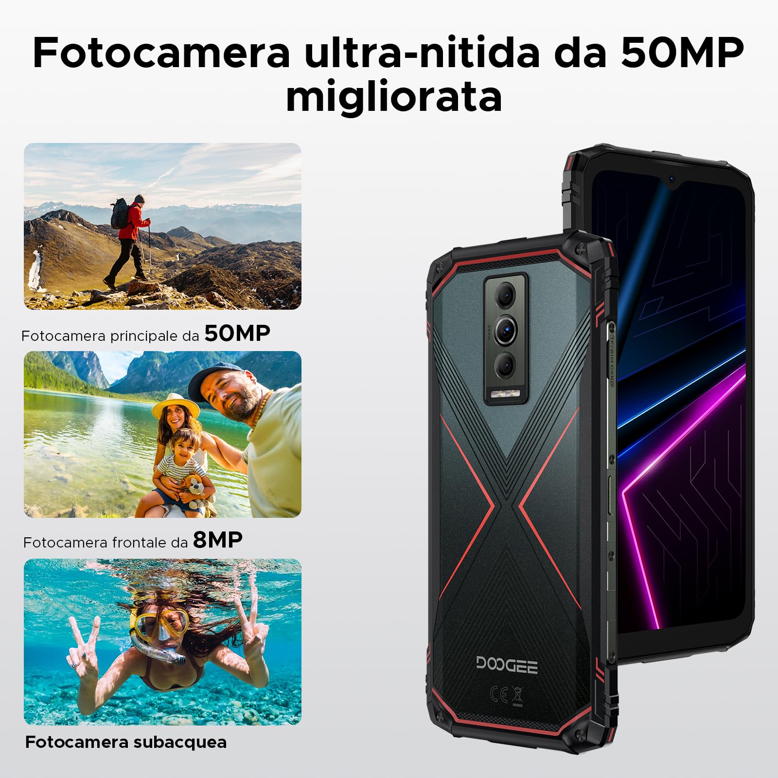 Blade10 Pro Energy Rugged Smartphone, 50MP+8MP, 32GB+256GB Telefono Indistruttibile, Android 15, 90Hz 6.56" HD+IPS, 6150mAh,Triple Card Slot,Fingerprint ID/Face Unlock/NFC- Rosso