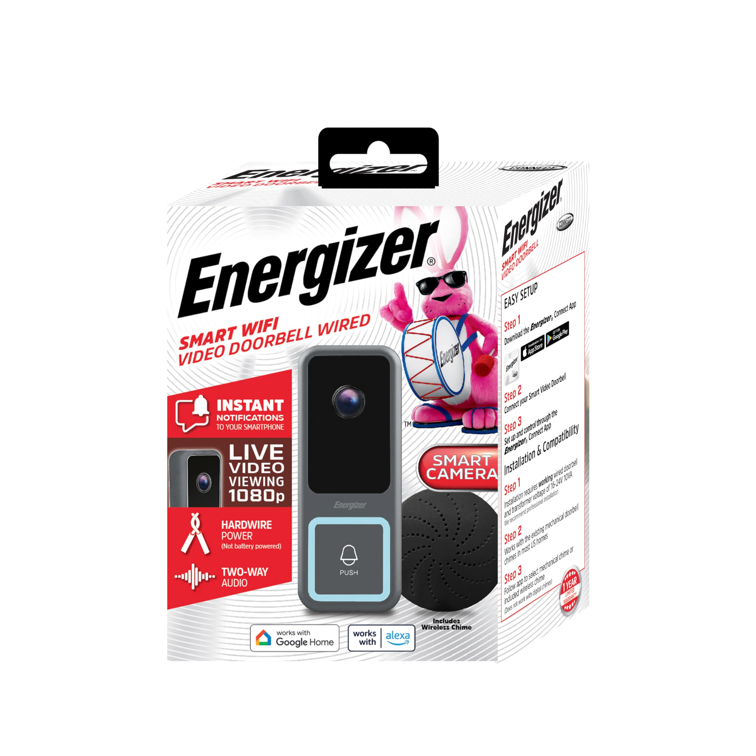 Energizer Smart Doorbell & Chime, Wired 1080p Video Doorbell Security Camera, 2-Way Audio, Night Vision, Cloud & Card Storage, Works with Alexa & Google Home, Motion Sensor, Requires Existing Wires