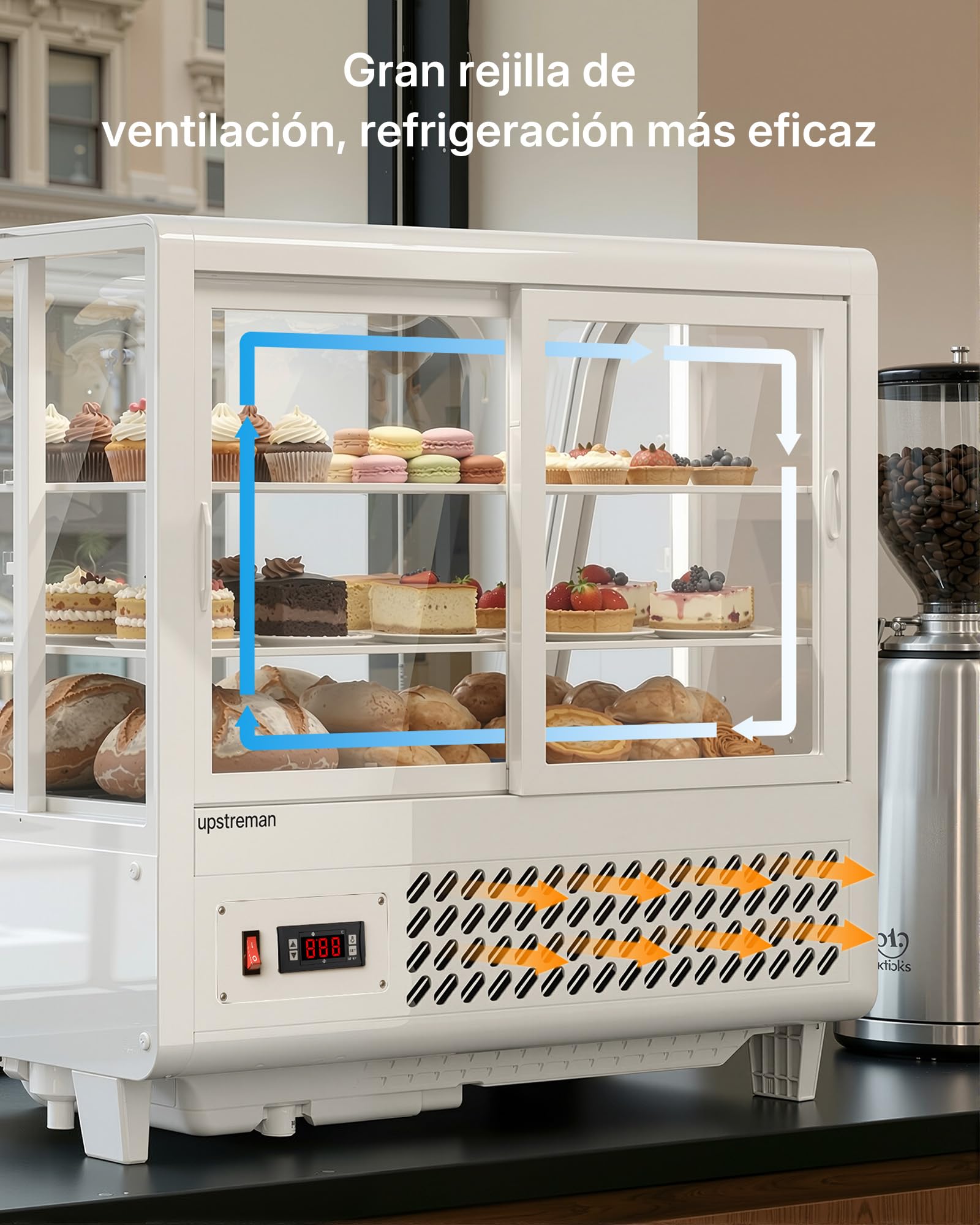 Upstreman Vitrina Refrigeradora 100L con Iluminación LED, Control Digital de Temperatura 2-10°C, 2 Estantes Ajustables, para Cafetería, Panadería y Pastelería, CD101 Blanco