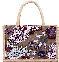 NICOLE & DORIS Sacs Fourre Tout Femme Grand Sac en Jute Sac Cabas Shopping Léger Sac a Main avec Brodé Fleur Sac de Plage Pliable Réutilisable pour Les Sorties Camping Magasin Bourgogne