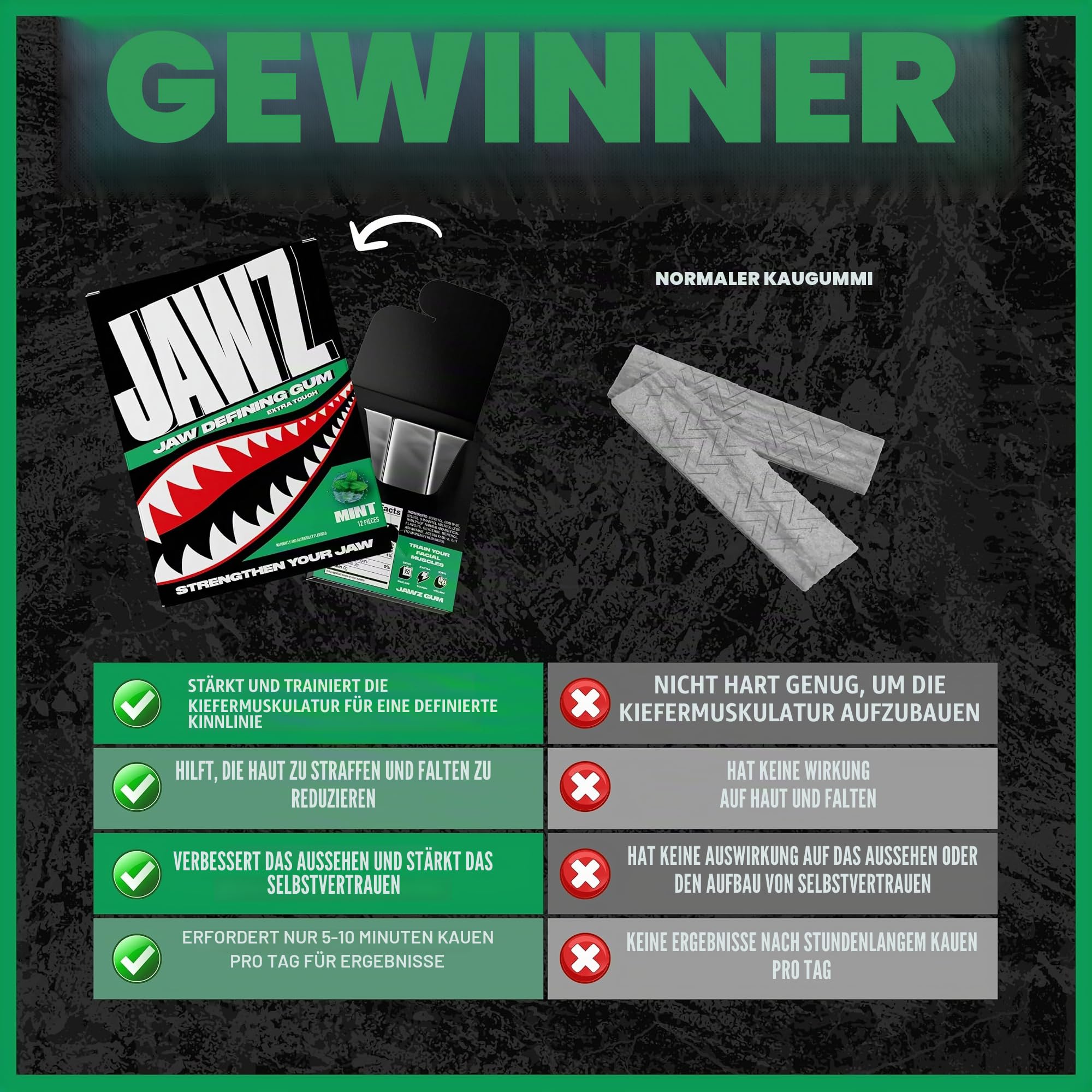 Kieferdefinierender Kaugummi – Hartkiefer-Fitness-Trainingsgerät zur Formung des Kiefers und Reduzierung des Doppelkinns – 10er-Pack Box (Mint)