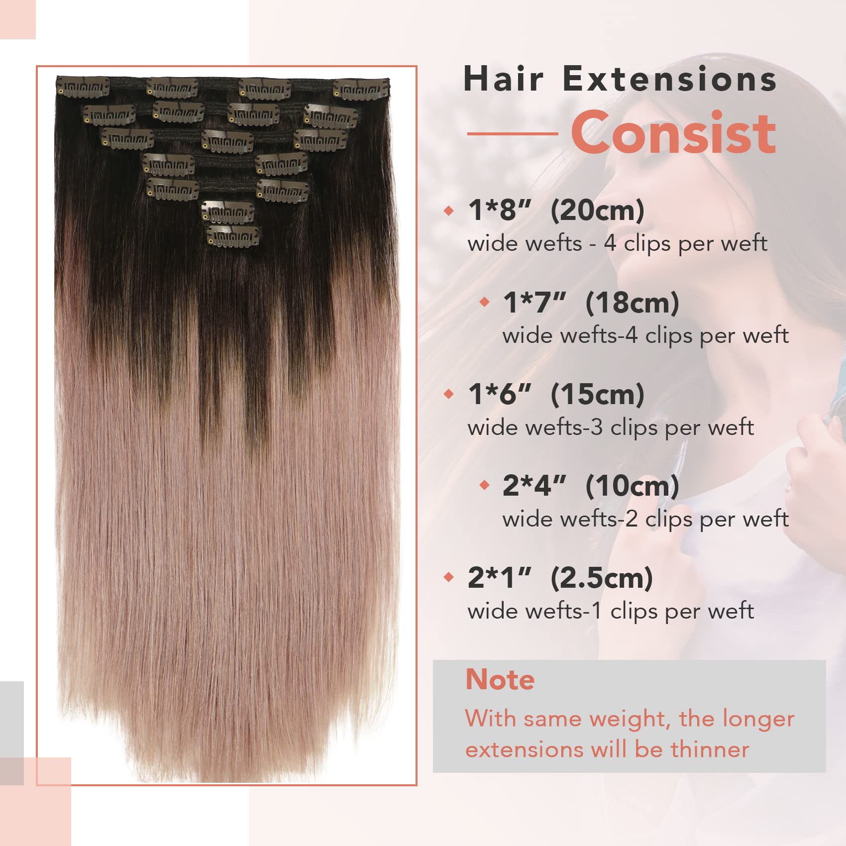 Amazon.com : VARIO Hair Clip In Hair Extensions Human Hair 120g Ombre Hair  Dark Brown Fading to Pink Gray 18 Inch 7pcs Per Set Remy Human Hair Full  Head Silky Straight Human