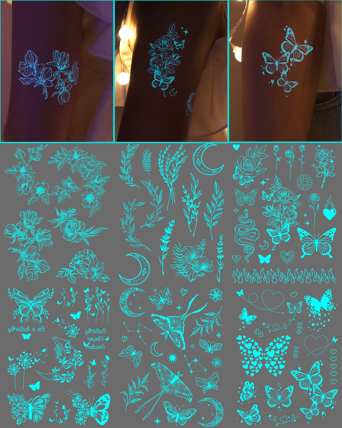Glow In The Dark Butterfly Temporary Tattoos for Women Girls Adult, 7 Sheets Blue Luminous Flower Butterflies Wings, Waterproof Face Body Arm Stickers Party Decorations Favors butterfly flower