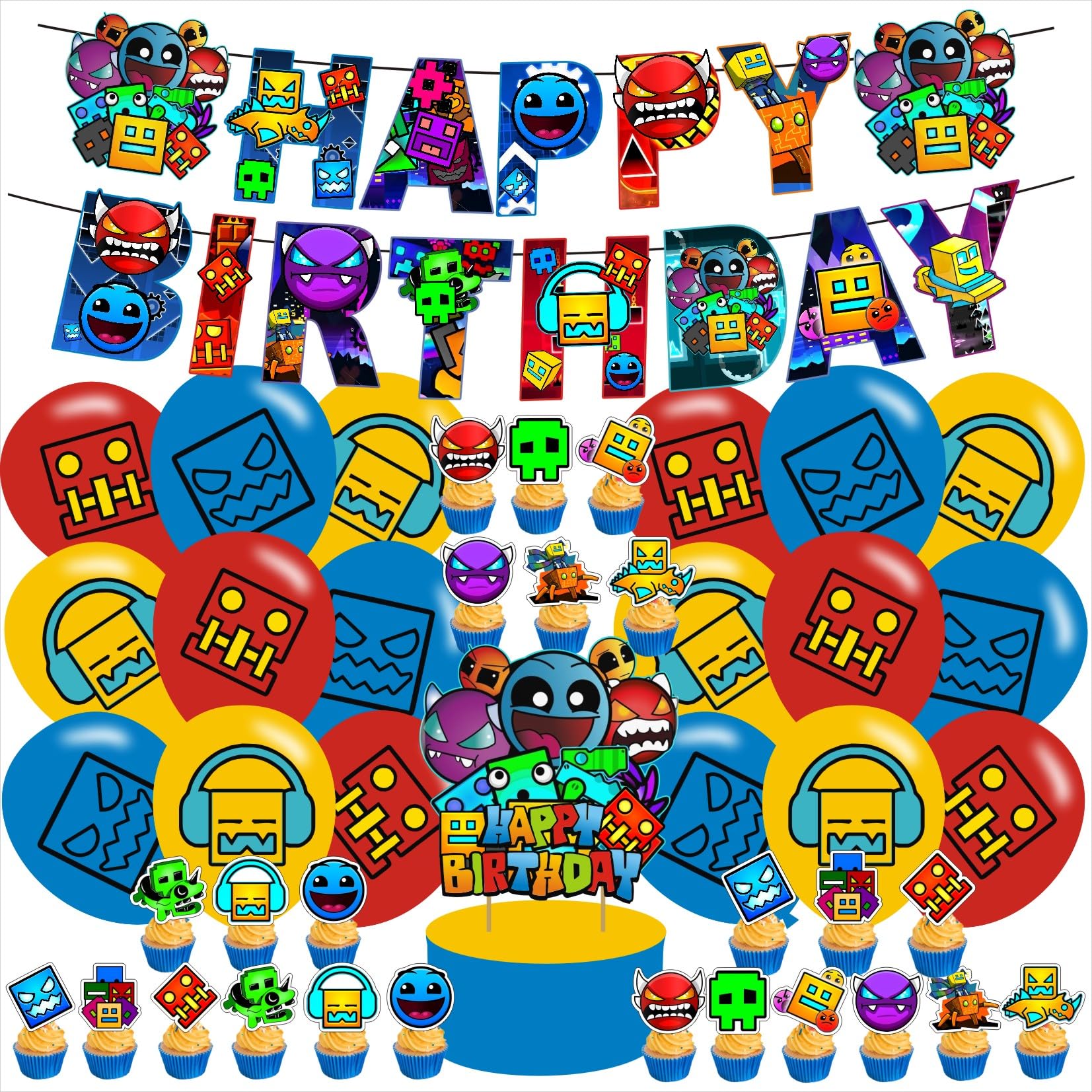 Geometry Dash Birthday Party Supplies Favors for Boys Kids Geometry Dash Birthday Party Decorations Including Banner Cake Cupcake Toppers Ballons