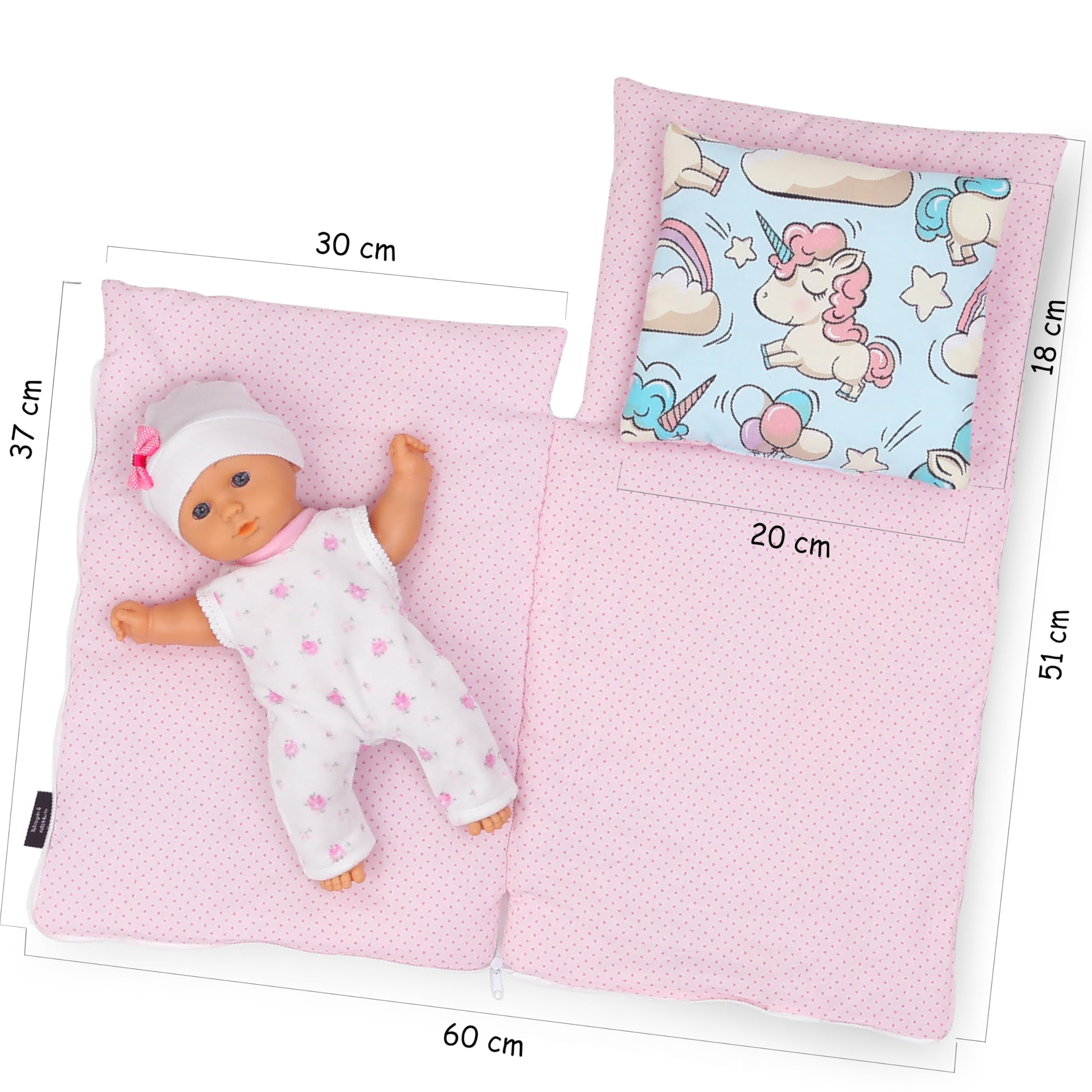 PinkZebra Gigoteuse Licorne, Sac de Couchage pour Poupée avec Oreiller en Coton