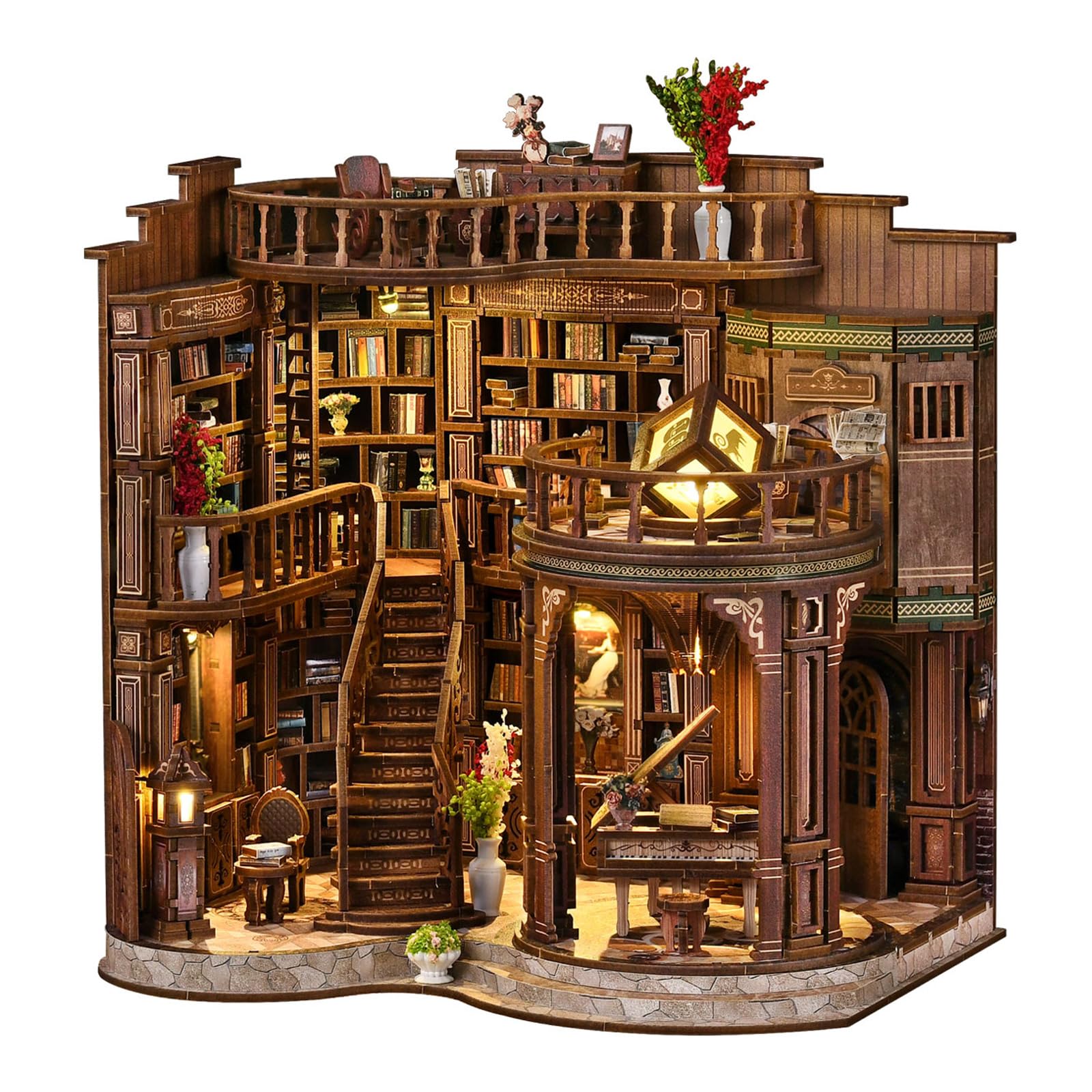 Tecnock DIY Miniature House Kit for Adults & Teens, Grand Library Hall Scene Mini House Decor with Touch Switch Light, 3D Wooden Puzzle Gift for DIY Fans & Miniature Collectors (Dreamy Book Hall)