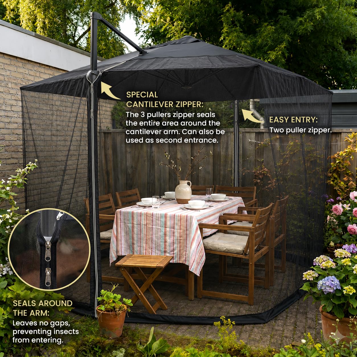 Moustiquaire pour Parasol 2.8 M | Double Fermeture Éclair & Compatible avec Parasols Déportés | Filet Extérieur Plus Grand & Résistant | Protection Contre Les Insectes pour Terrasse, Véranda & Jardin
