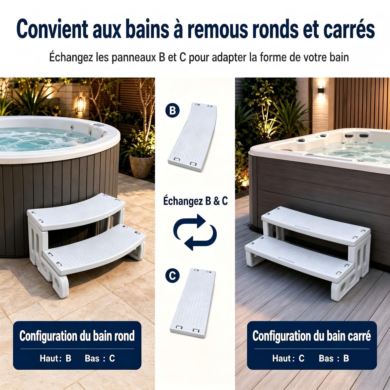 Whirlpool Escalier à 2 marches antidérapant Portable Universel en Plastique pour l'extérieur