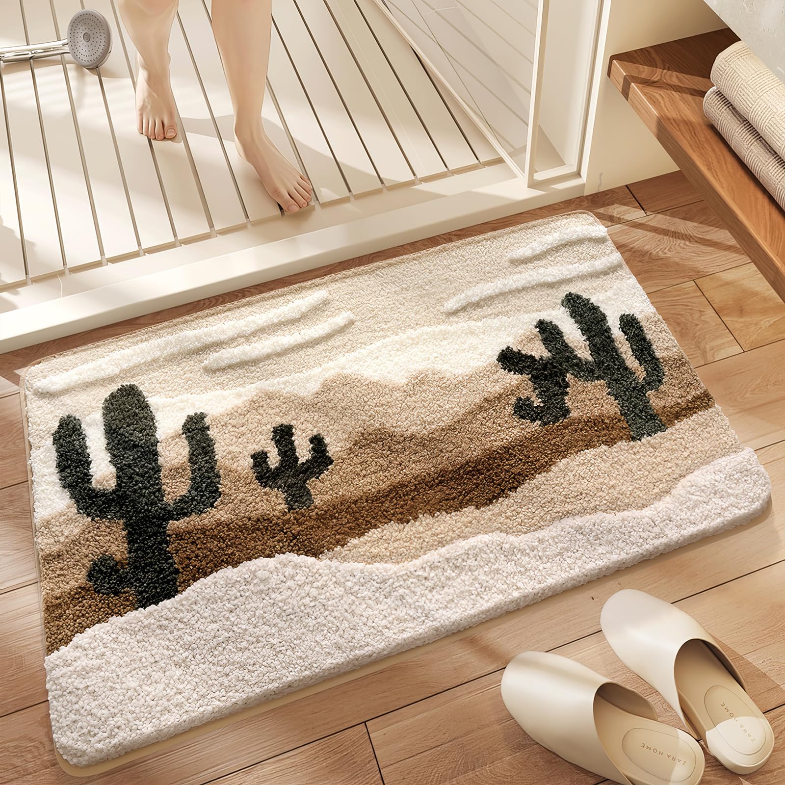 Bathroom Rug Mat, Yellow Desert Cactus Bath Mat with Soft & Non-Slip, Ultra Absorbent Microfiber Shaggy Door Mat, Quick Dry Bath Rug Carpet for Toilet