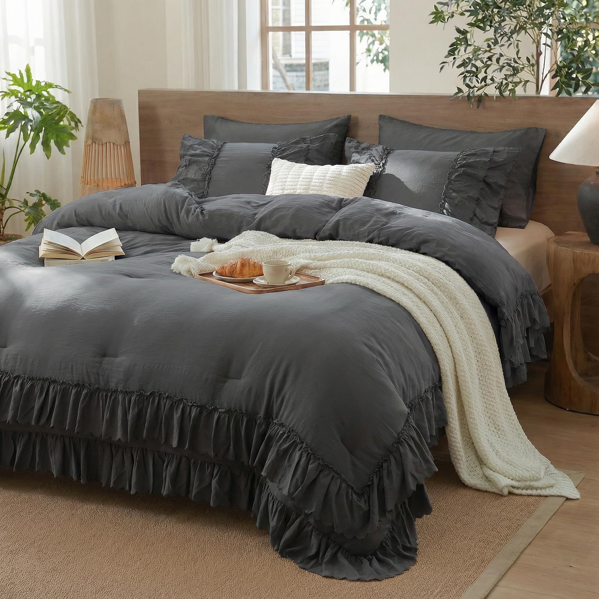 Housse de couette lit double gris foncé parure de lit microfibre à volants