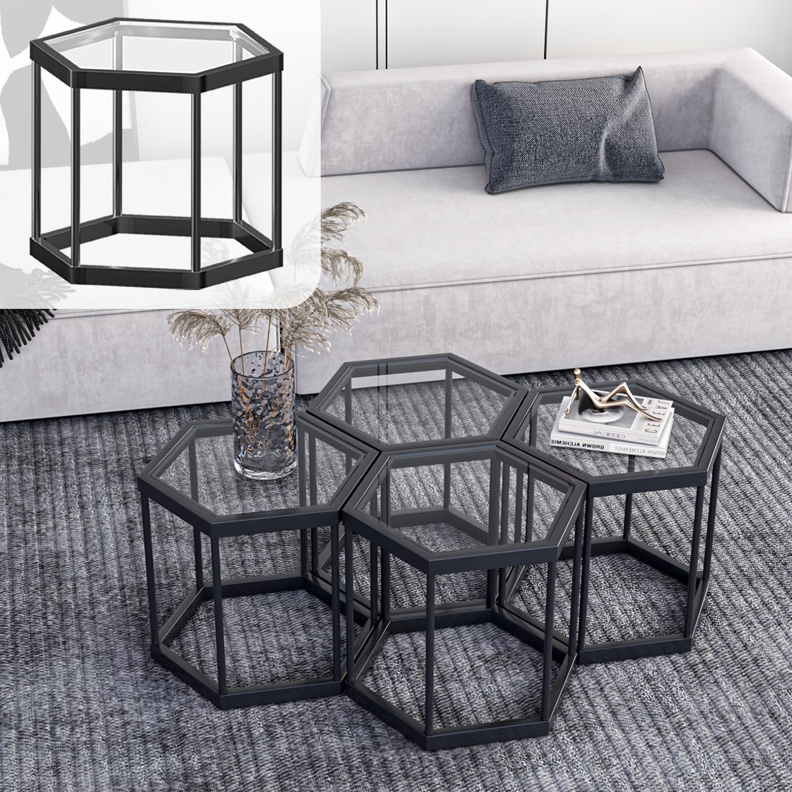 Coffee Table Glass Modern Coffee Table, Hexagon Free Combination Glass Center Table Small End Tables with Metal Frame for Living Room Set of 1