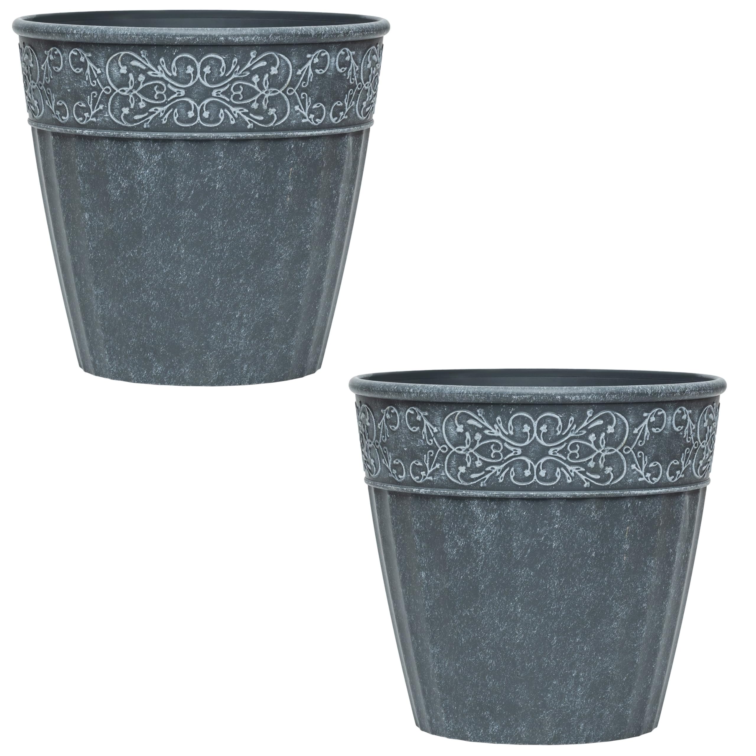 Garden Gear Dark Grey Damask Lead Effect Planters 28Cm Flower Pots Lightweight & Elegant Garden Décor Uv & Frost-Resistant Pre-Drilled Drainage Holes (2)