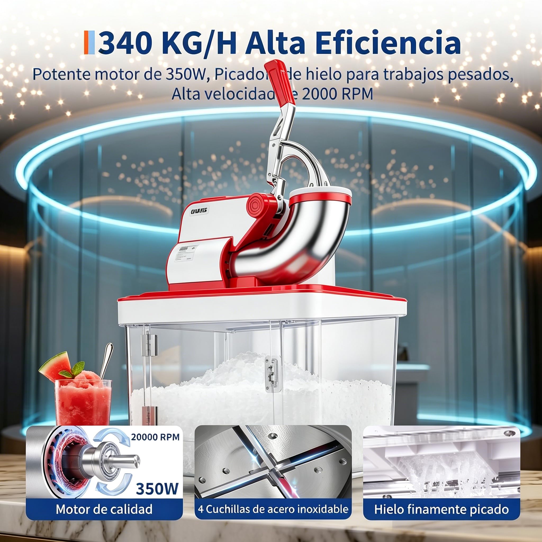 Garvee Máquina de Hielo Granizado Profesional 300W, Trituradora de Hielo Uso Comercial de Doble Cuchilla Acero Inoxidable, Tolva 4,5" Depósito 50L 300 kg/h, con ETL para Bar Cocina y Eventos, Rojo
