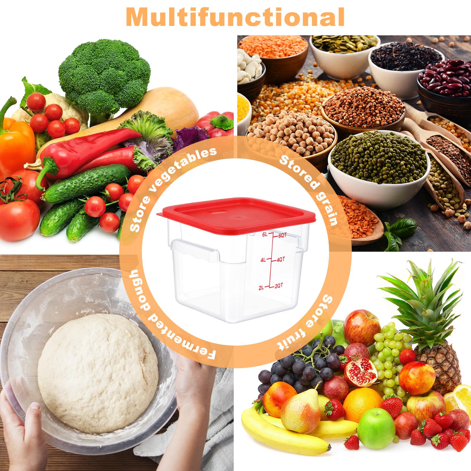 Ziliny 3 juegos de recipientes cuadrados de almacenamiento de alimentos de 6 cuartos de galón con tapas, recipientes comerciales de policarbonato a prueba de masa con escamas transparentes herméticos