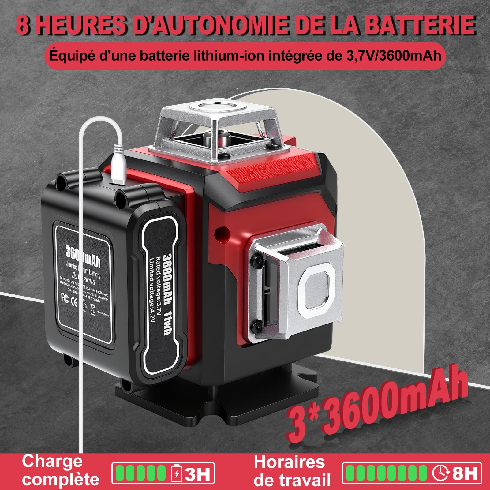Niveau Laser 360 Autonivelant, 4D 16 lignes vertes Laser à lignes croisées avec trépied, Laser Chantier pour chantier intérieur, 3600 mAh x 3 batteries rechargeables