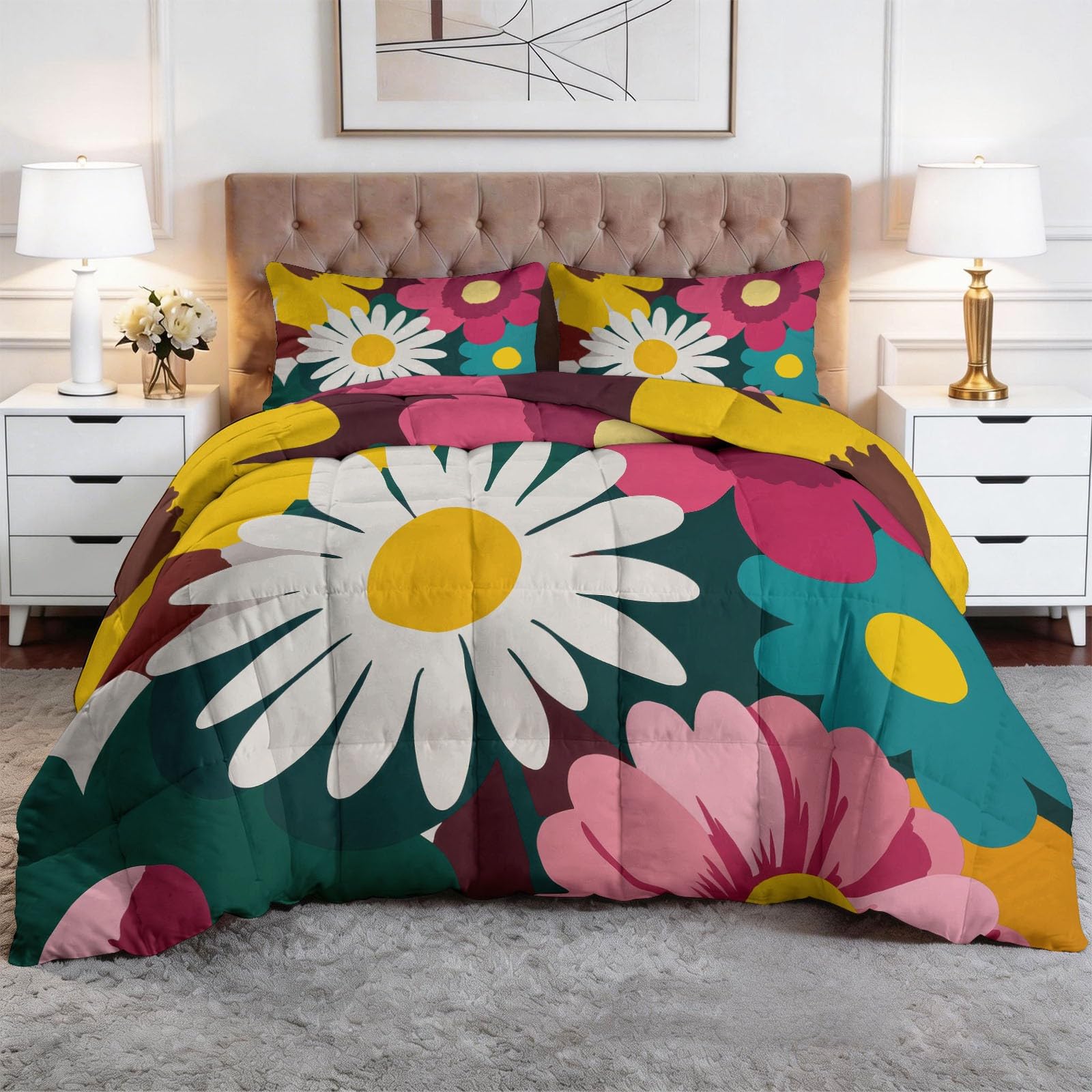 Generisch Überlappende Blumen Bettdecke 220 x 240 cm 4 Jahreszeiten Steppdecke, Pop-Art Waschbare Ganzjahresdecke Kinder Bettwaren Set Kinderzimmer Spielzimmer Bettdecke Ohne Bezug