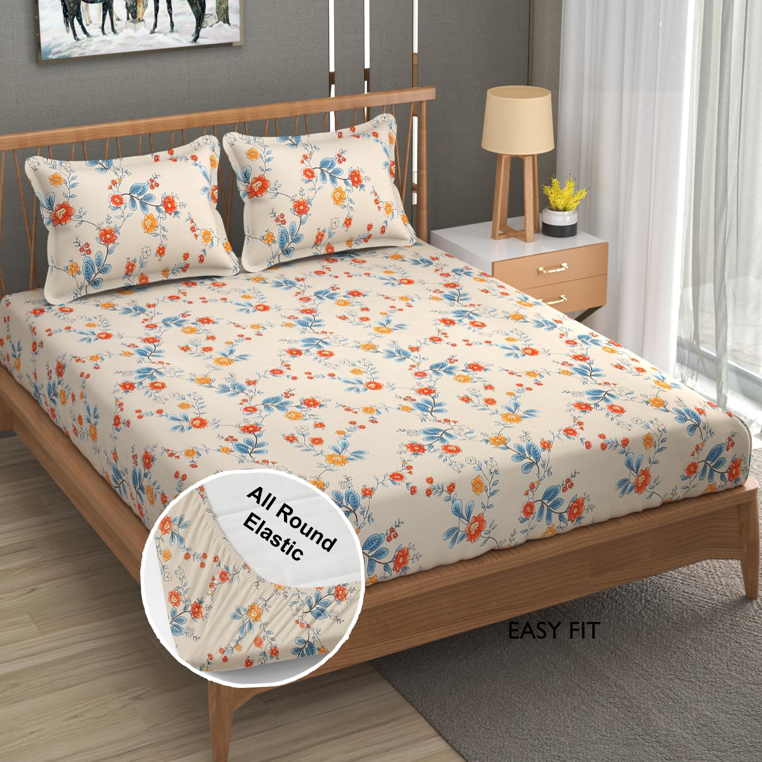 Fresh From Loom Anti Fade Floral Print 240 TC Microfiber Fitted King Size Bedsheet Set with 2 Pillow Covers - Soft Fabric (Size - 78 x 72 Inches (Fits up to 10 Inch)| Beige, Floral Design) (B0D9YN15CW) Amazon Price History, Amazon Price Tracker