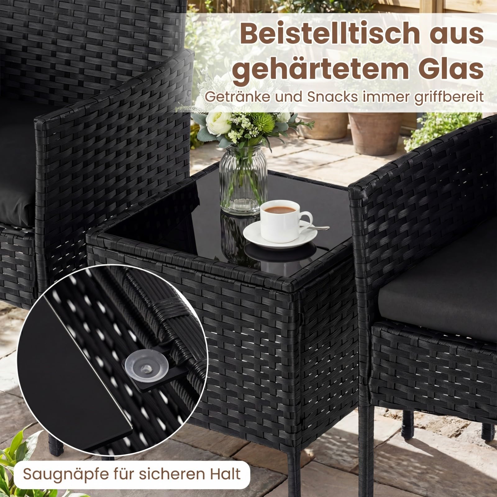 COSTWAY Rattan Gartenmöbel Set, Balkonmöbel mit 2 Stühlen & Gartentisch, wetterfeste Outdoor-Sitzgruppe mit Sitzkissen, 3-teiliges Terrassenmöbel Set für Garten und kleinen Balkon (Schwarz)