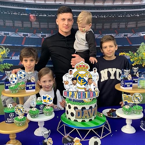 Miniatura 6 de Decoraciones de cumpleaños del Real Madrid CF, suministros de fiesta temática de fútbol con pancarta de feliz cumpleaños, decoración de pasteles,