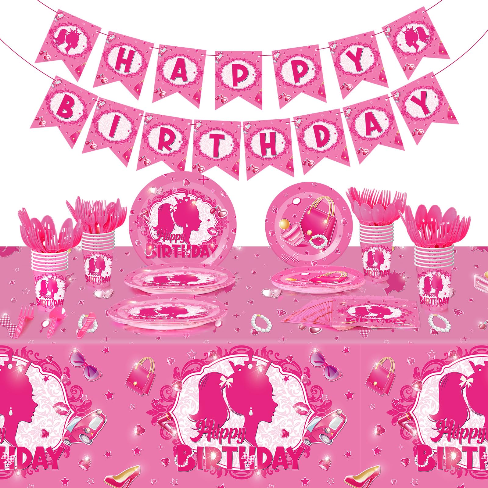 172 Pcs Girl Party Supplies Pink Princess Tableware Set Serves 24 Guests Happy Birthday Banner Tablecloth Plate Napkins Cups Spoon Fork Knives for Girl Princess Party Decorations