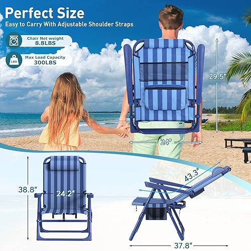 Miniatura 2 de Suteck Sillas de playa tipo mochila para adultos, paquete de 2, silla reclinable plegable de 6 posiciones con bolsa enfriadora y soporte para tazas,