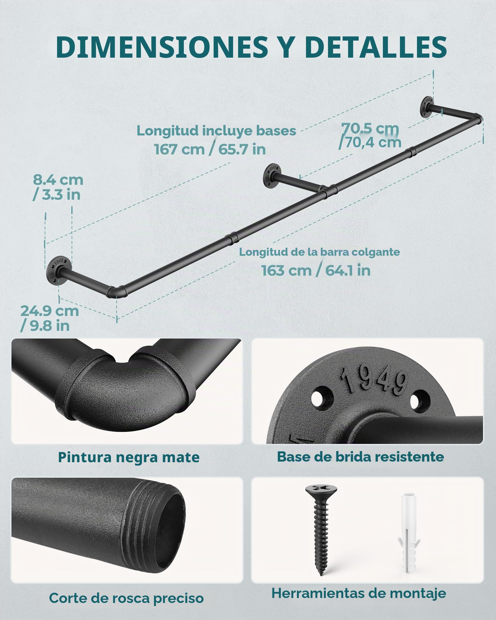 OROPY Pendera de Ropa Industrial, Tubo de Hierro Desmontable de 167cm para Colgar Ropa, Resistente y Duradera, Negro (3 Bases)