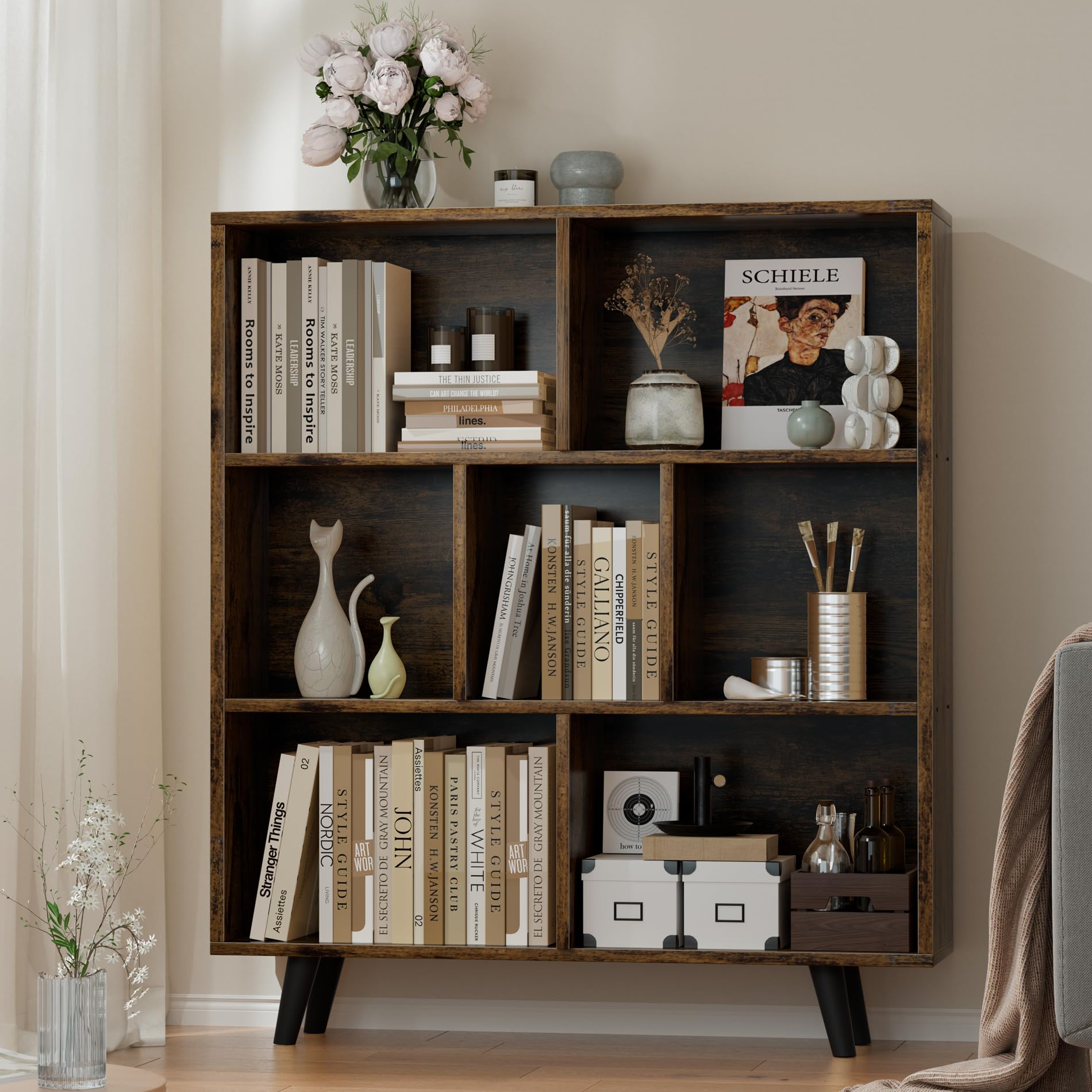 JAMFLY Bookshelf, 3 Tier Book Shelf with Legs, Modern Small Bookcase Storage Organizer Book Shelves for Bedroom, Living Room, Office, Brown