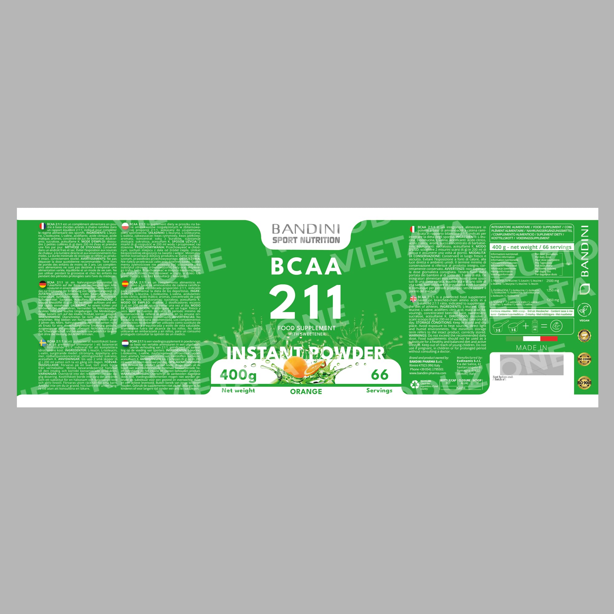 Bandini® AMINOACIDI RAMIFICATI BCAA 2 1 1 400 g Gusto ARANCIA, BCAA Polvere con Leucina Valina Isoleucina, Integratore per Palestra, Sport, Allenamento, Pre Intra Post Workout, Recupero Muscolare
