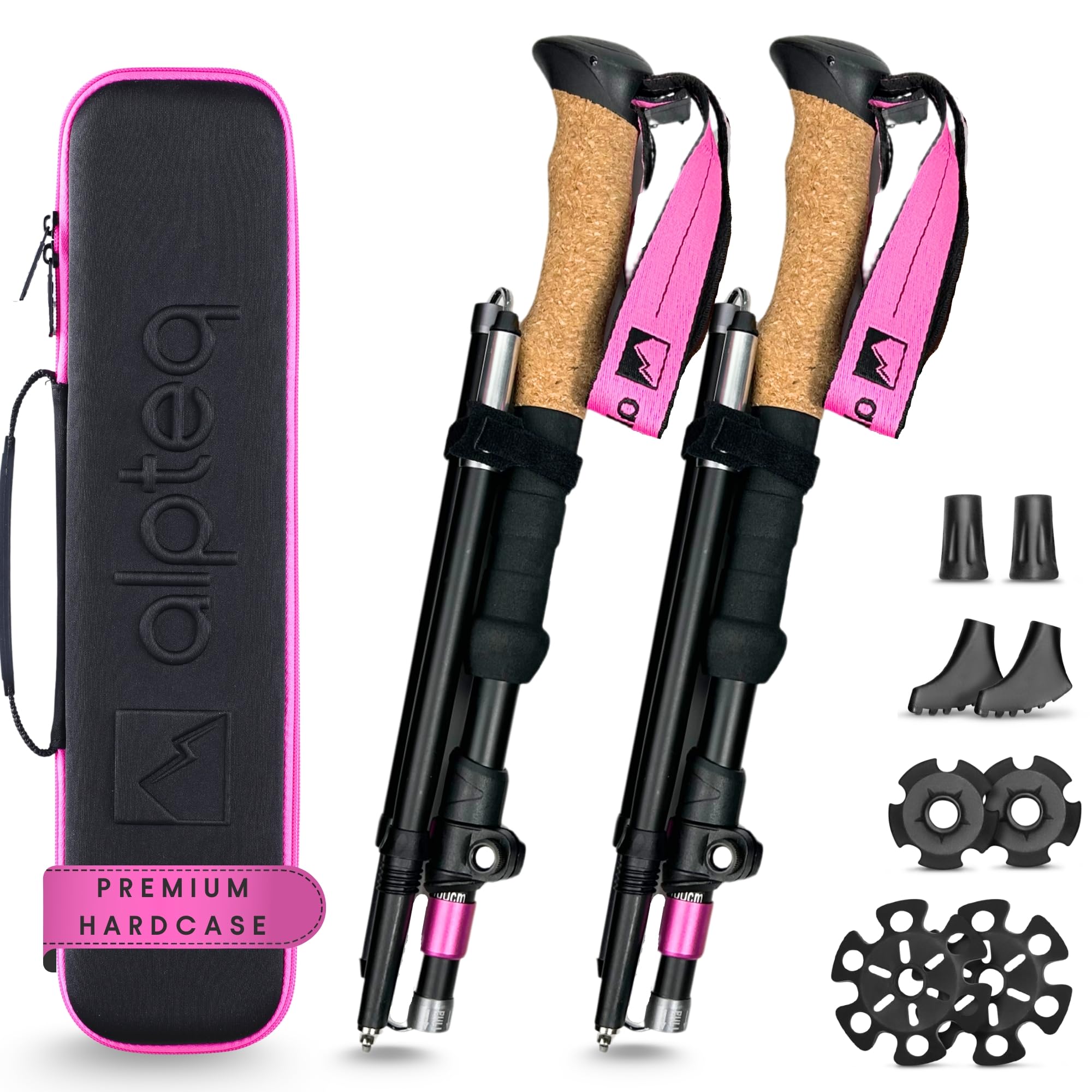 Alpteq® Wanderstöcke faltbar Carbon oder Aluminium mit Korkgriff | Bergsport Trekkingstöcke | Nordic Walking Stöcke Damen & Herren | extra leicht und Teleskop variabel
