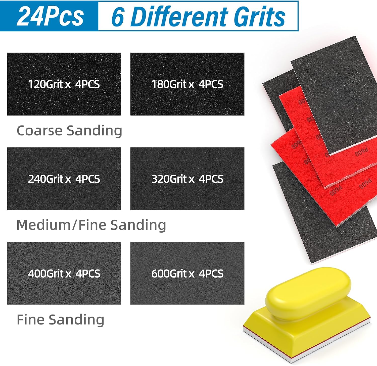 BURMONG Sanding Sponge Set, Reusable 3×4 Inch Wet Dry Foam Sanding Blocks for Wood, Furniture, Metal & Drywall (120-600 Grit Set)