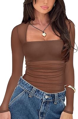 Women's Sexy Square Neck Long Sleeve Bodysuit Sheer Mesh Ruched Body Suits Going Out Tops
