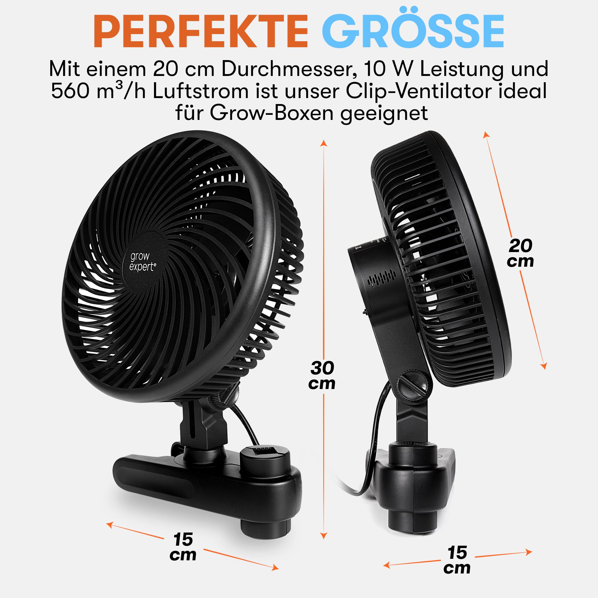 Oszillierender Clip-Ventilator für Growbox & Growzelte EC-Motor mit 10 Stufen, 32 dB(A), 250 cm Kabel – Umluftventilator für Luftzirkulation & gesundes Pflanzenwachstum (1 Stück)