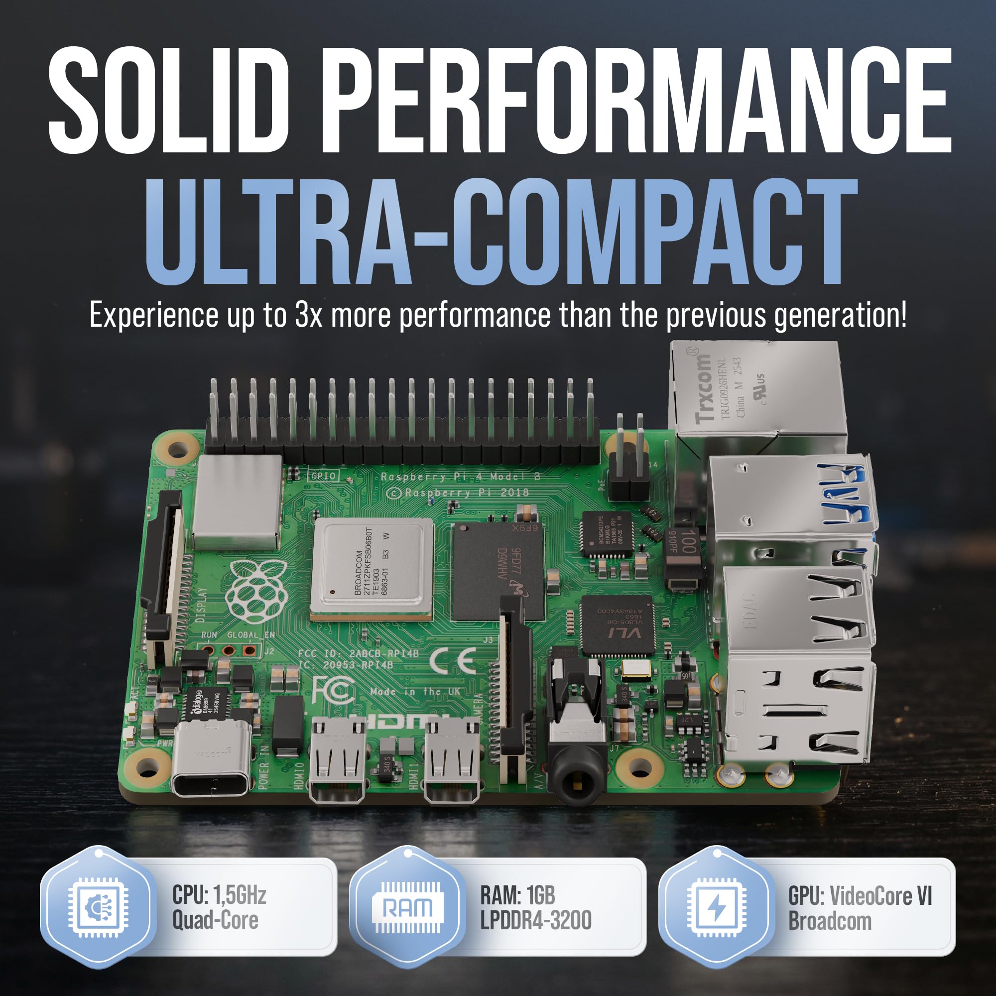 db-tronic Raspberry Pi 4 Starter Kit | Edycja 64 GB | Zasilacz 15 W | Obudowa | Micro HDMI 4K | Radiatory | idealny do Home Assistant i smart home (1GB)