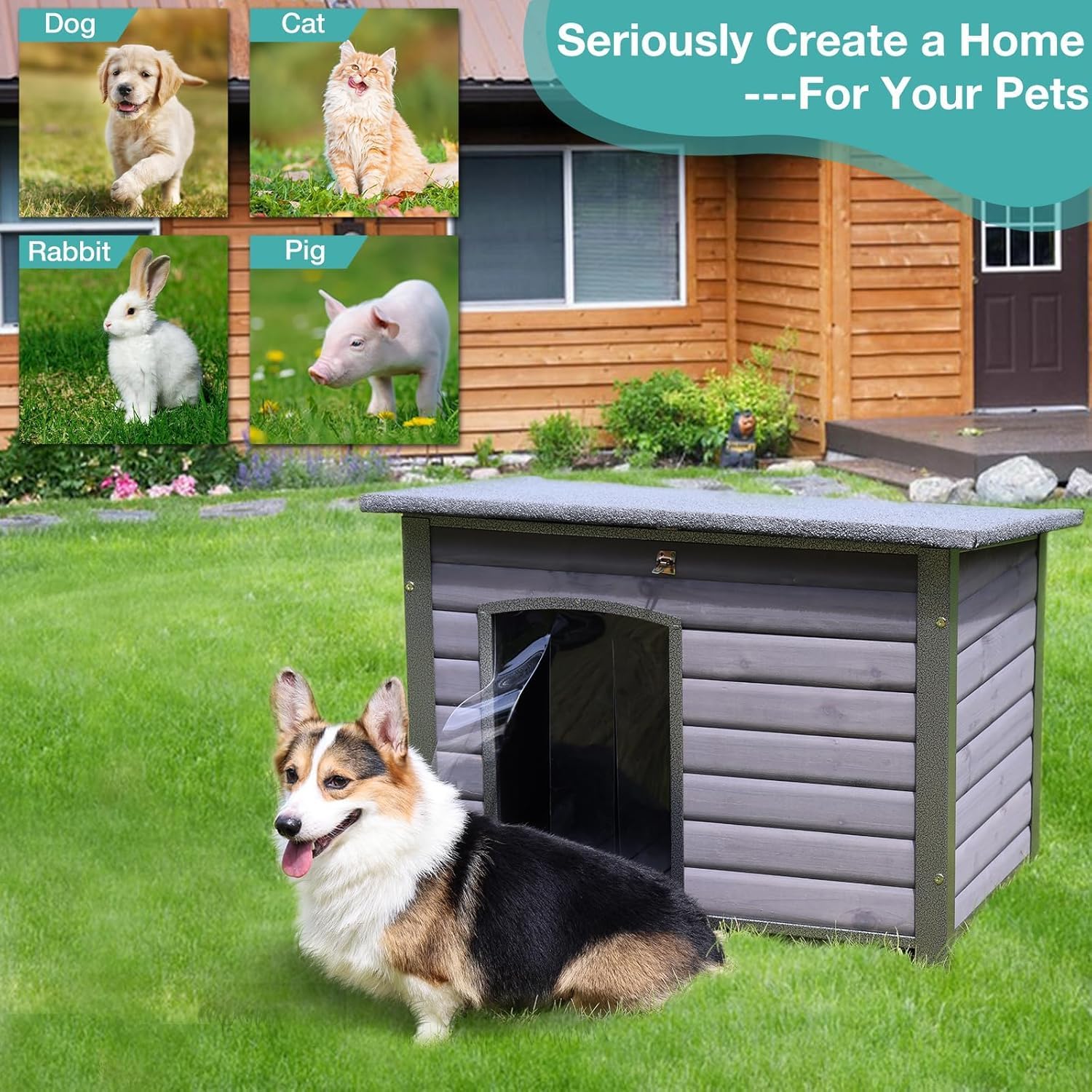 Indoor/Outdoor Dog House with Iron Frame - All-Weather Wooden Pet Shelter for Medium/Large Dogs (Brown, L)