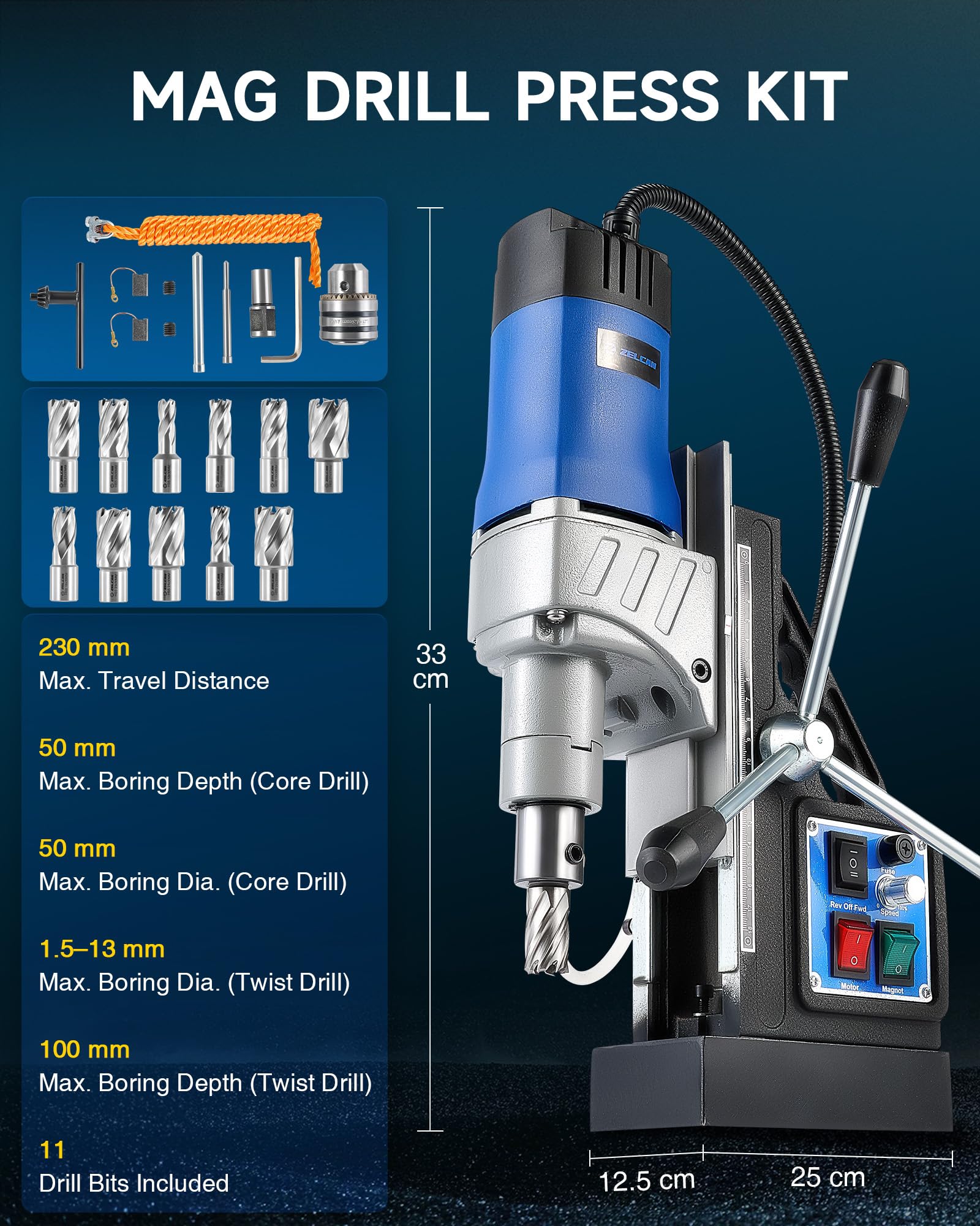 ZELCAN 1550W Taladro Magnético con 11 Brocas, Diámetro de Perforación de 50 mm, Velocidad de 0-580 rpm y Dirección Reversible, Fuerza de 13000N para Superficies Metálicas (+ 11 Brocas)
