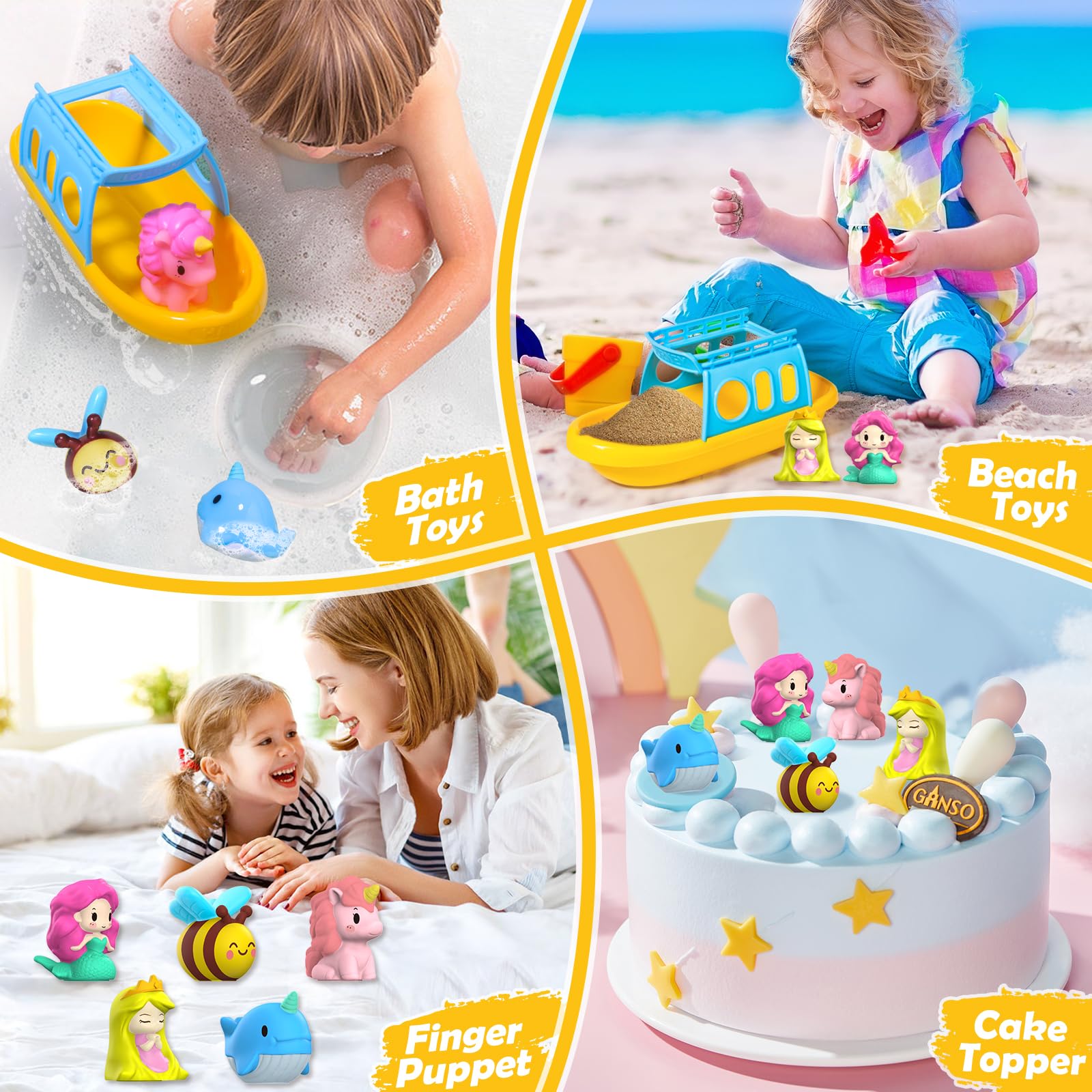 Juguetes de baño de princesa sirena (5 piezas) para niños pequeños de 1 a 3 años con bote de baño, juguetes de ducha para bañera de bebé, abeja de ballena animal, juguetes flotantes de agua 4