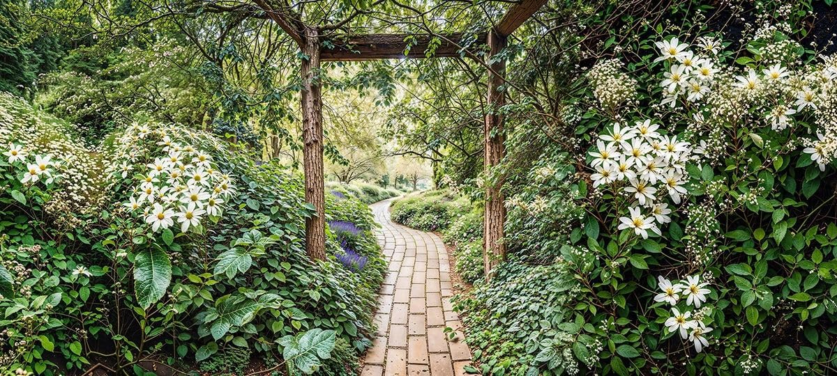 Pergola Garden Path Mural, Tapestry & Curtain Waterproof Mural Outdoor Wall Hanging, Flower Garden Wall Art, Fence Decoration & Outdoor Tapestry W157.48 inches x H70.87 Inches