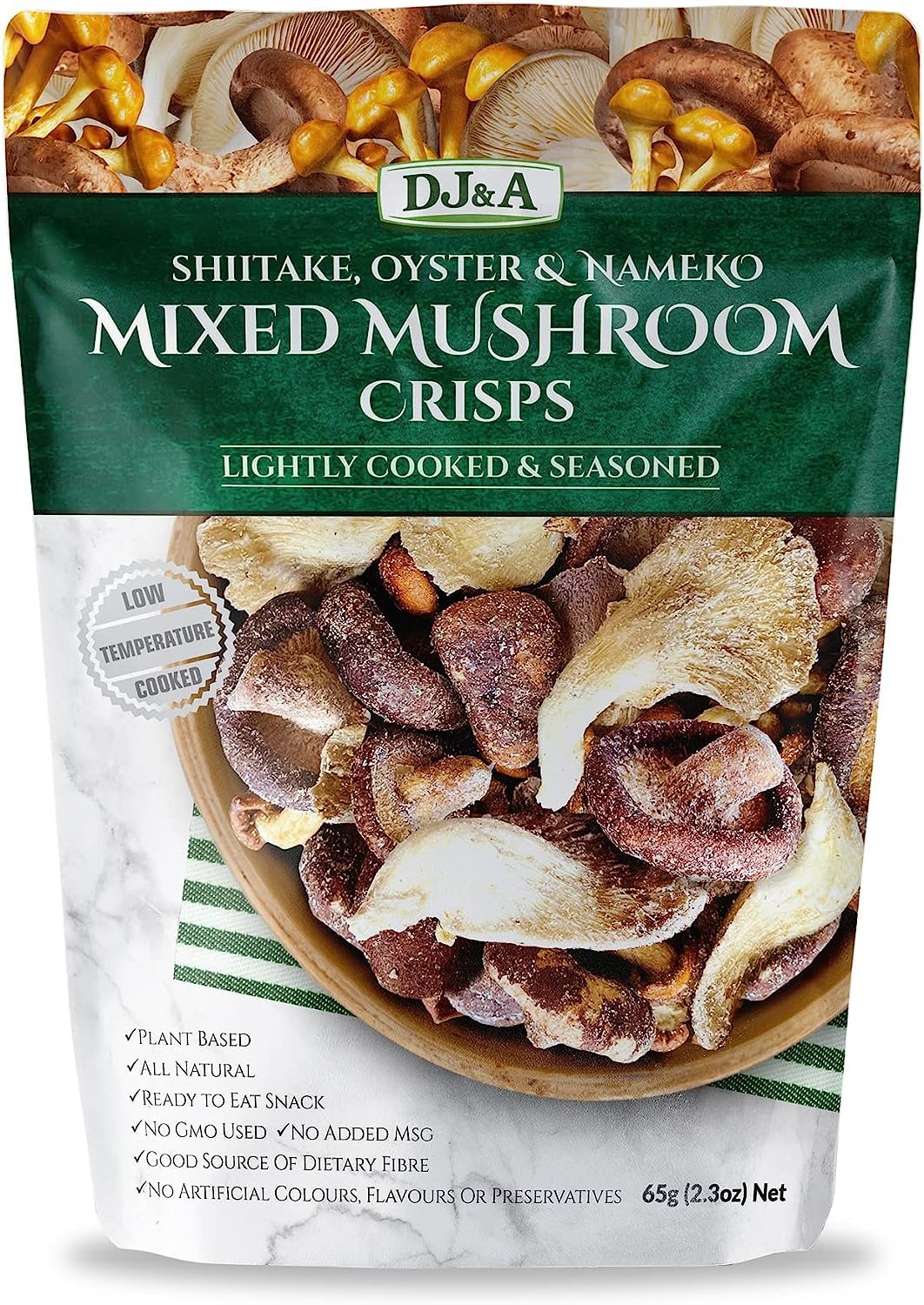 DJ & A Mixed Mushroom Shiitake, Nameko & Oyster Crisps, Healthy Ready to Eat Snacks, No MSG, Non-GMO, 9 x 65g Pack