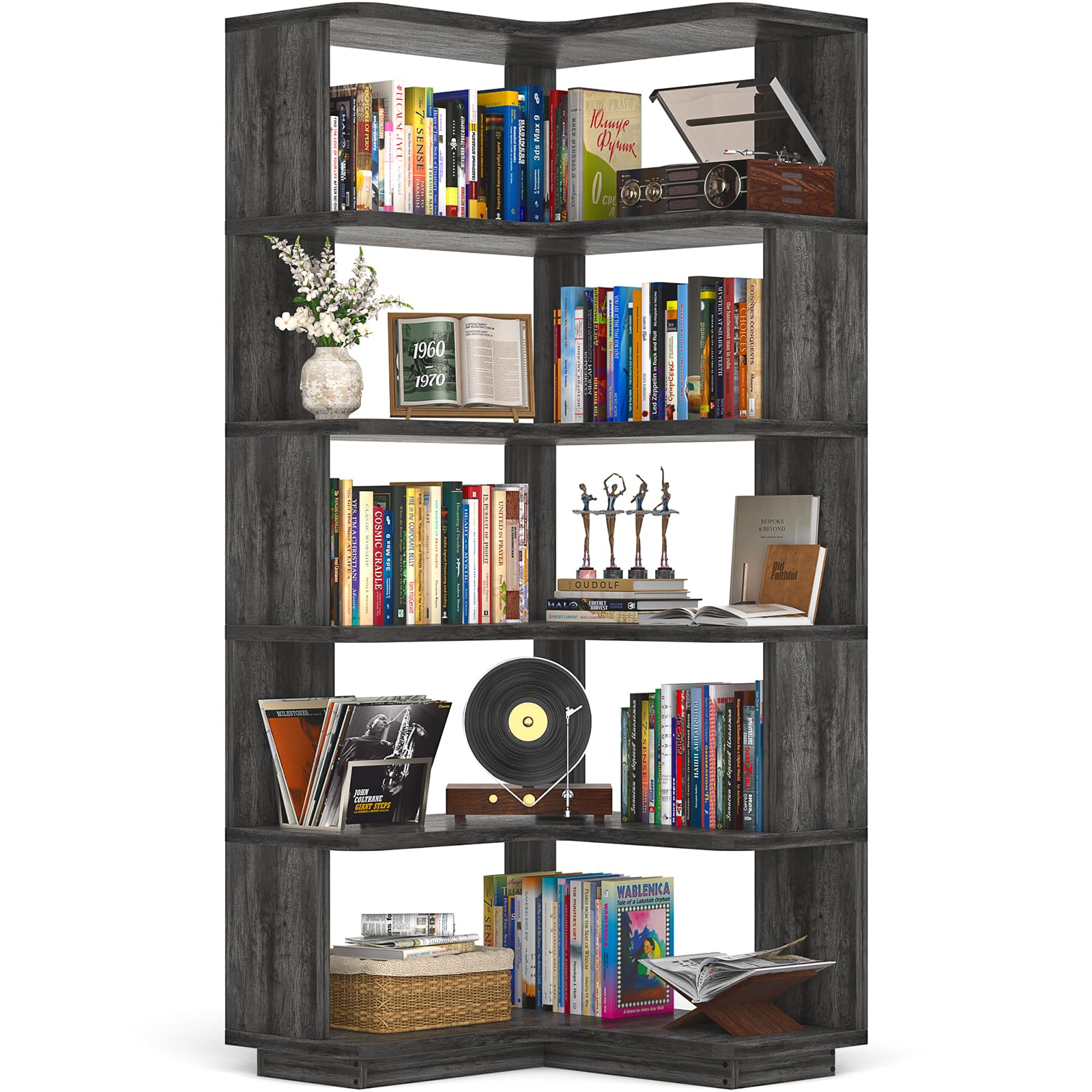 Fully assembled Armocity 6-Tier Corner Book Shelf in a living room setting, filled with books and decorative items.