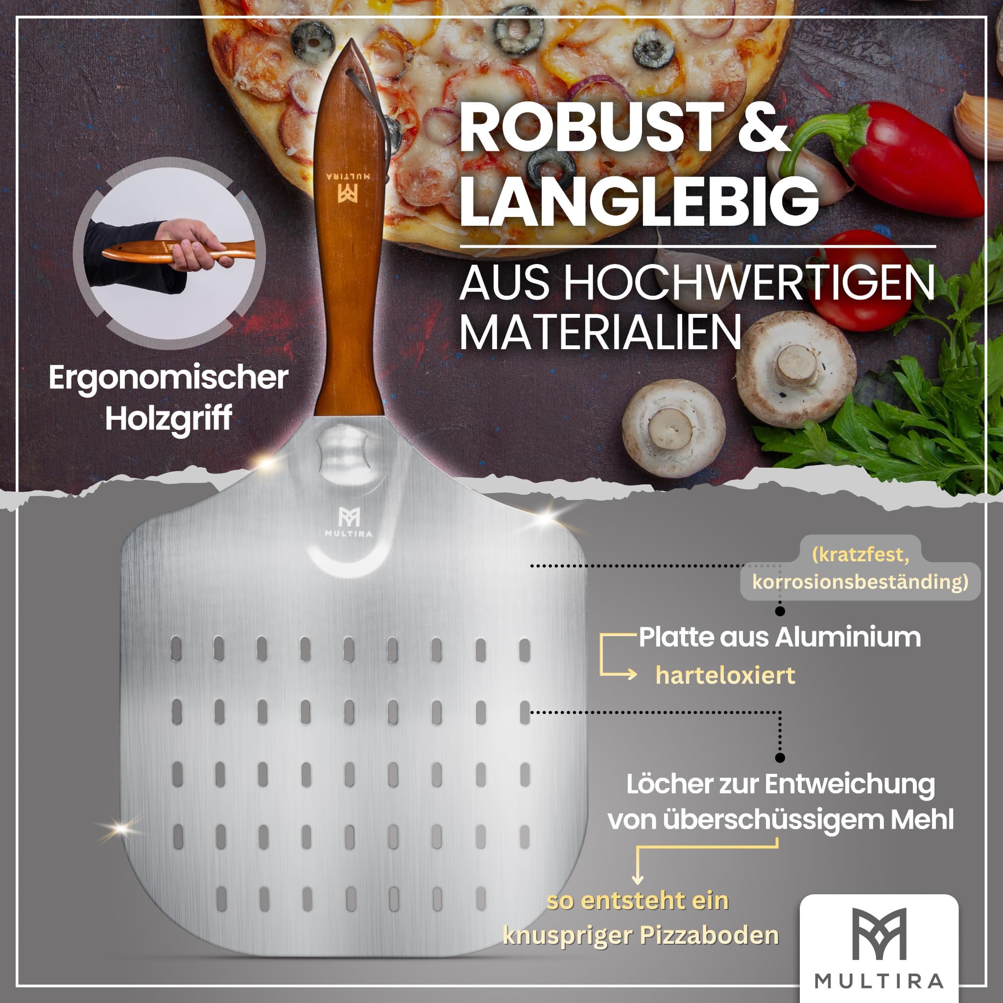 Pala per pizza – Pala per pizza – Pala in alluminio perforato – Paletta girevole rimovibile – Manico ergonomico in legno robusto – Portata 5 kg – Peso 530 g – Dimensioni: 60,5 x 30,5 x 4 cm