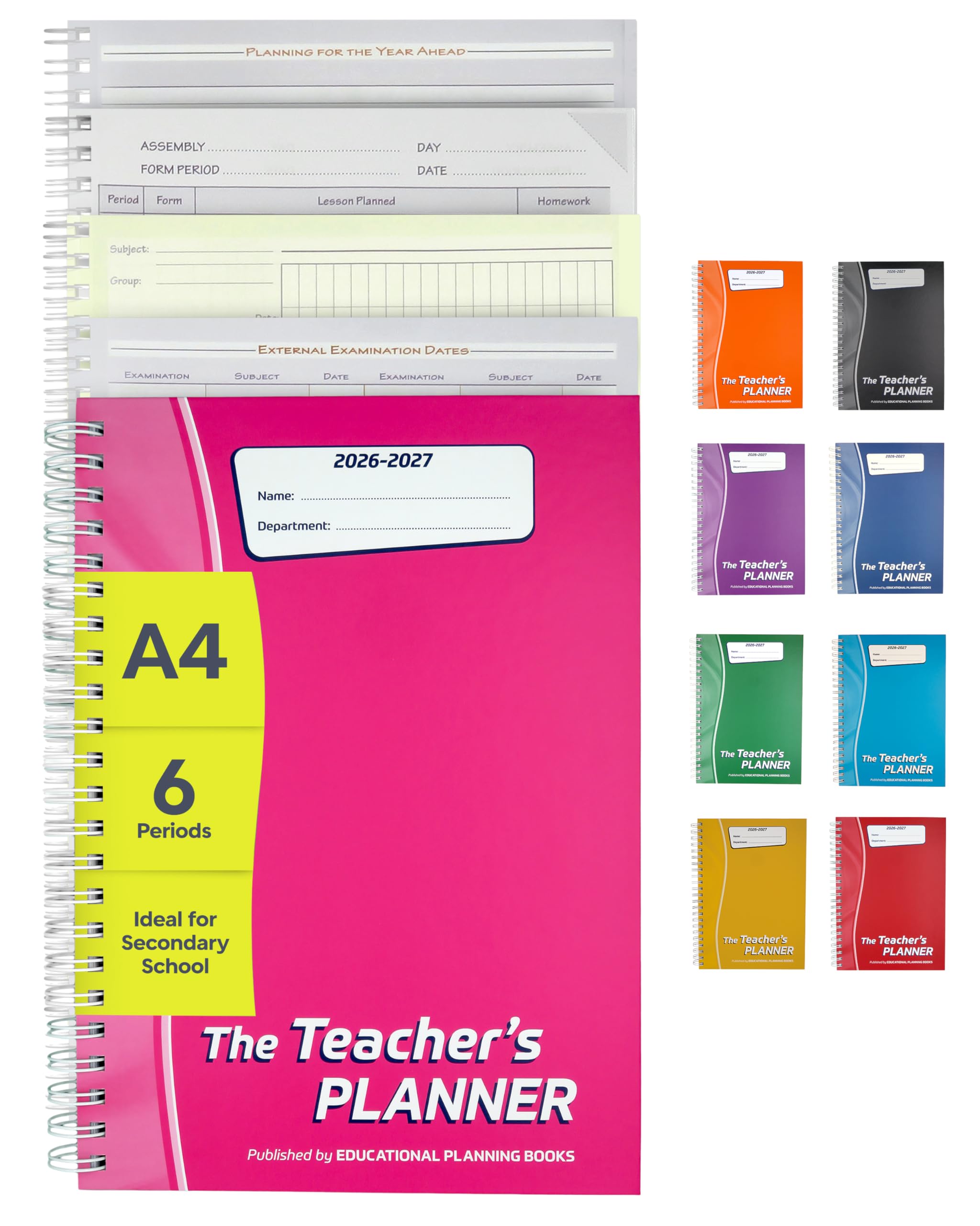 Educational Planning Books - The Teachers Planner 2026-2027 for Secondary School – A4 – Six Period Day – Page-a-Day & Undated – Dedicated Pages for Year Planning, Exams, Marking & more (TP3-Pink) — image 1