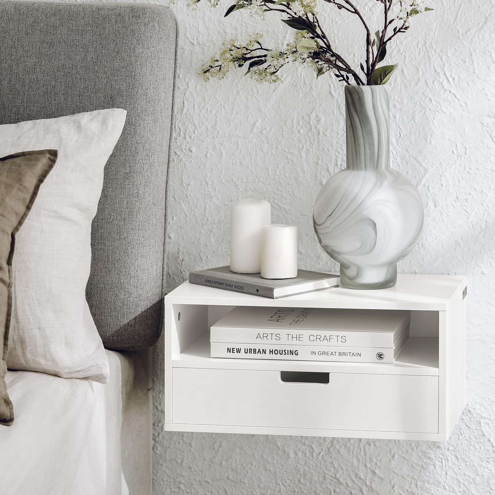 SoBuy Comodino sospeso con cassetto e mensola 45x25x22 cm | Mensola da muro con vano aperto, soluzione salvaspazio per camera e ingresso, bianco NKD03-W