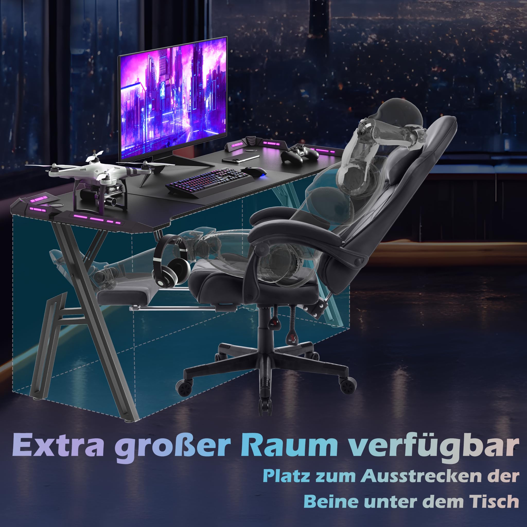 Froadp A-Frame stolik gamingowy, biurko gamingowe, grubość 1,5 cm, płyta MDF i stal, biurko komputerowe z listwą świetlną LED, ergonomiczne, z przestronną powierzchnią roboczą (szerokość 140 cm)