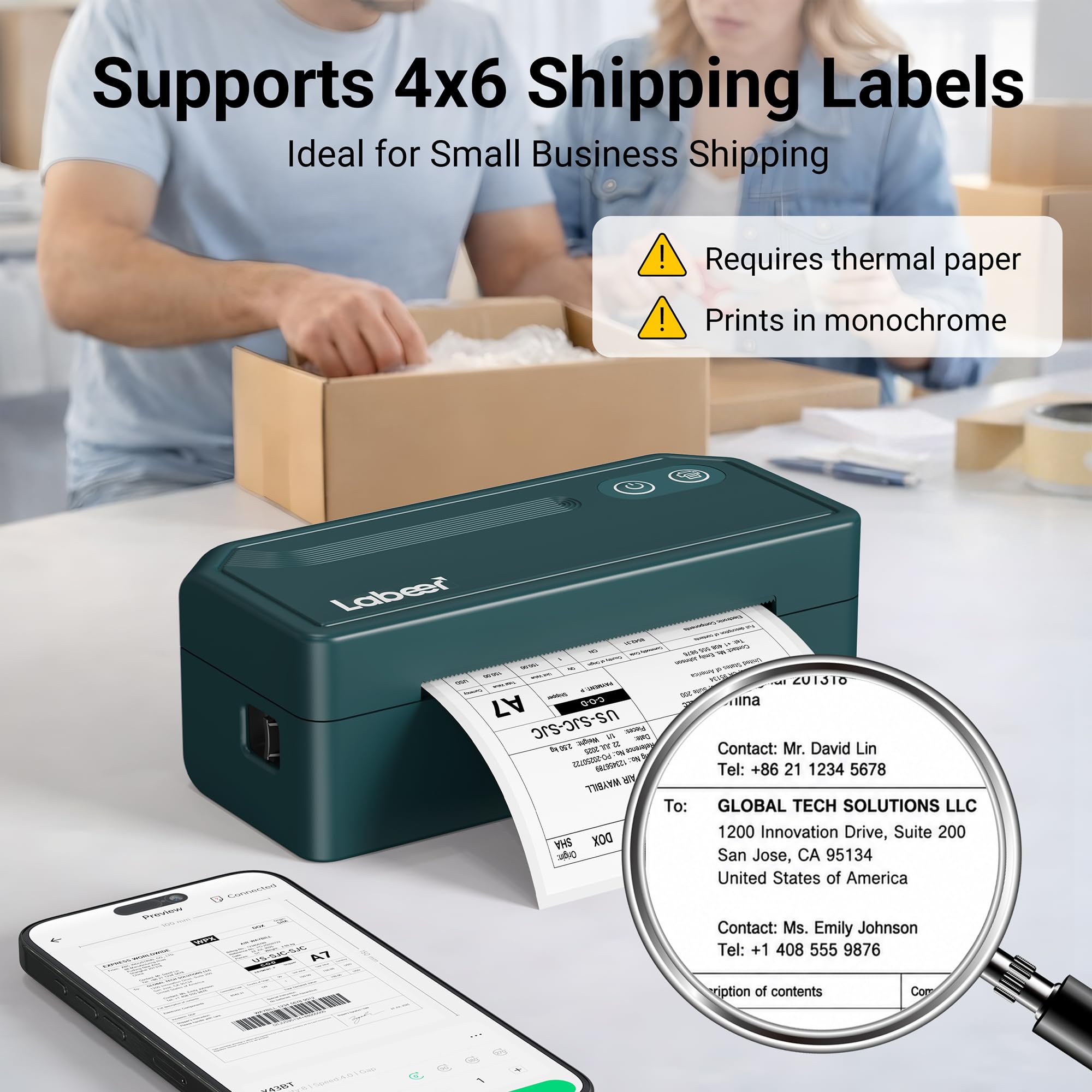 Labeer - Bluetooth Thermo-Etikettendrucker, kabelloser Etikettendrucker 4x6 für Versandpakete, Büro für kleine Unternehmen oder Zuhause, kompatibel mit Windows/Mac/iPhone/Amazon/Ebay