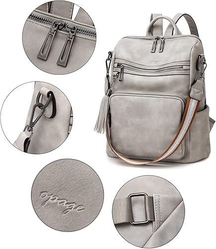 Miniatura 4 de OPAGE - Mochila de cuero para mujer con borla de moda bolso de hombro mochila grande bolsa de viaje gris L A-Marrón, Cera de Aceite Marrón, Cera de