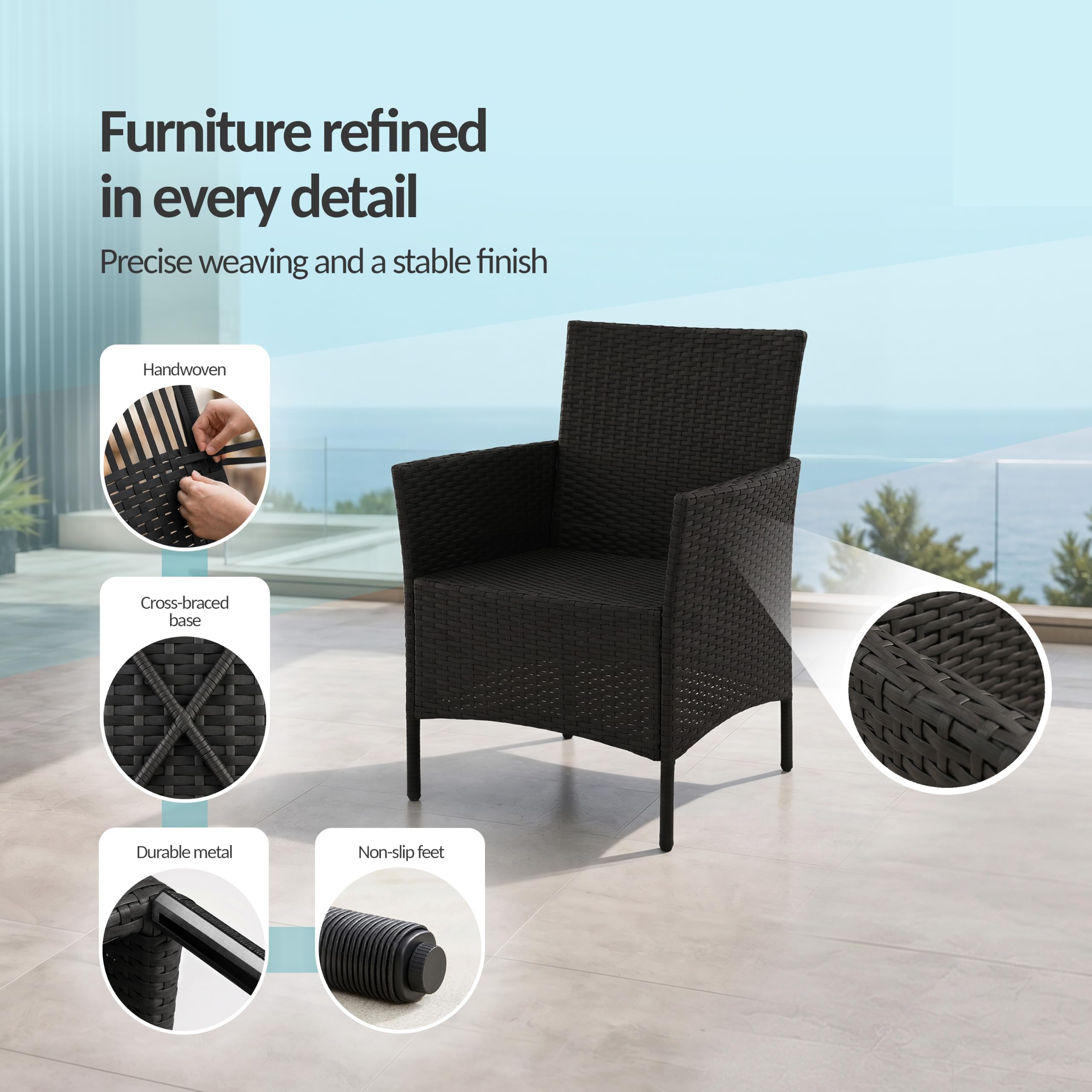 POKAR Set Giardino Rattan Grigio con Cuscini Seduta Grigio | Set 4 Pezzi, Divano 101x54x85, 2x Poltrona 58x54x85, Tavolino 68x42x38 cm, Resina Intrecciata, Metallo | Terrazzo e Patio